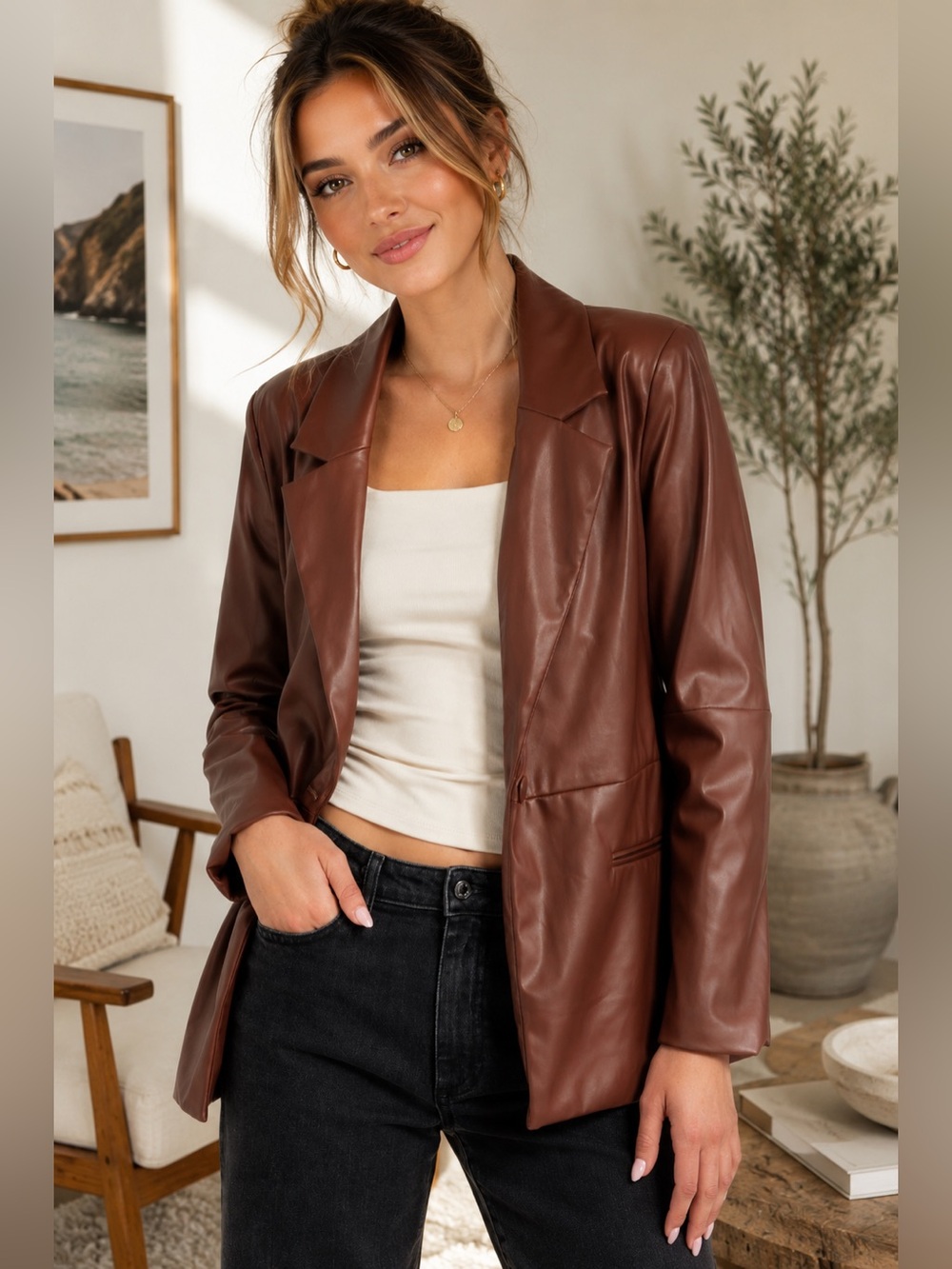 Princess Polly Morrison Faux Vegan Leather Blazer M/L Chocolate Brown Fall Basic